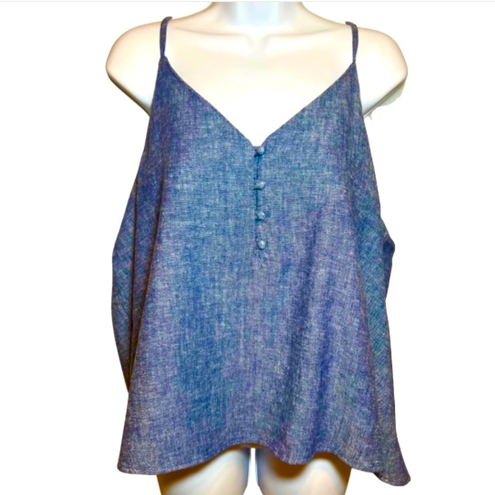 Blue Chambray Linen Sleeveless Tank Top, S/M